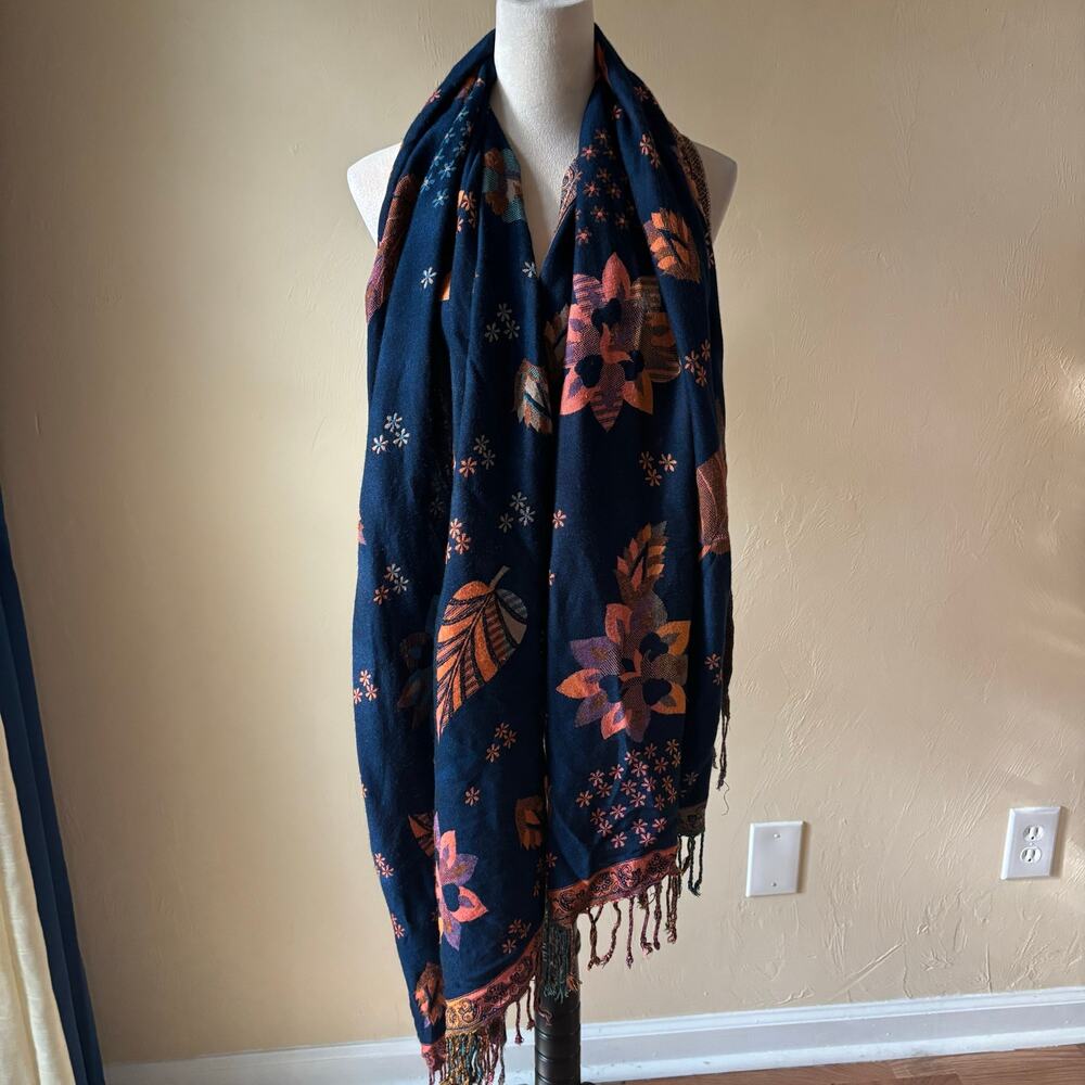 Pashmina Scarf Shawl Wrap Reversible Navy Blue Orange Floral Leaf Fringed Large